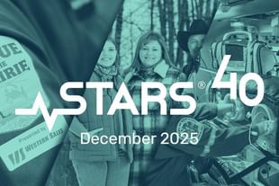 STARS 40 logo with December 2025 date overlaid on a teal-tinted photograph of people in winter clothing standing near a vehicle