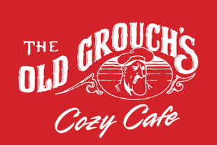The Old Grouchs Cozy Cafe logo featuring white text and a barrel illustration on a red background
