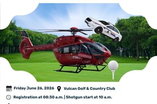 Promotional poster for the STARS & RCMP 1st Annual Charity Golf Tournament. Includes an image of a STARS H145 air ambulance helicopter superimposed over a golf course backdrop, the logos of the RCMP, STARS and the Friend of Vulcan County Emergency Services. Event details as follows: Date Friday June 26, 2026; Vulcan Golf & Country Club;; Registration at 08:30AM, Shotgun start at 10AM; Texas scramble - $150 per person or $600 for a team of 4; includes 18 holes of golf, a cart and a buffet dinner; Door prizes and live auction; Firetruck ball drop 50/50; STARS 50/50; Contact to register: vulcanrcmpstarsgolf@gmail.com