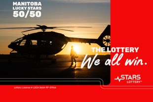 Silhouette of a person standing in front of a helicopter at sunset with text reading "Manitoba Lucky Stars 50/50" and "The Lottery We all win" with Stars Lottery logo and license information on red background.