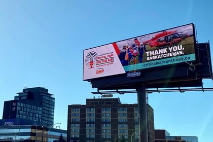 A billboard showing a message thanking Saskatchewan for their support of Critical Care on the Air Radiothon for STARS.
