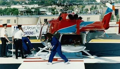 A STARS operated BO105 lands atop the Royal Alexandria hospital in Edmonton after STARS started work in the city and surrounding area.
