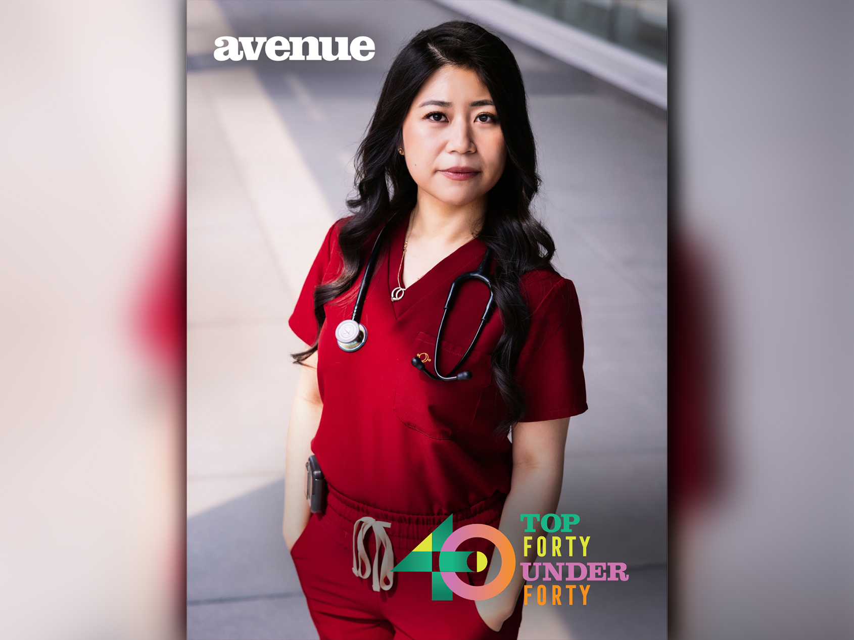 Dr. Katie Lin poses in red scrubs.