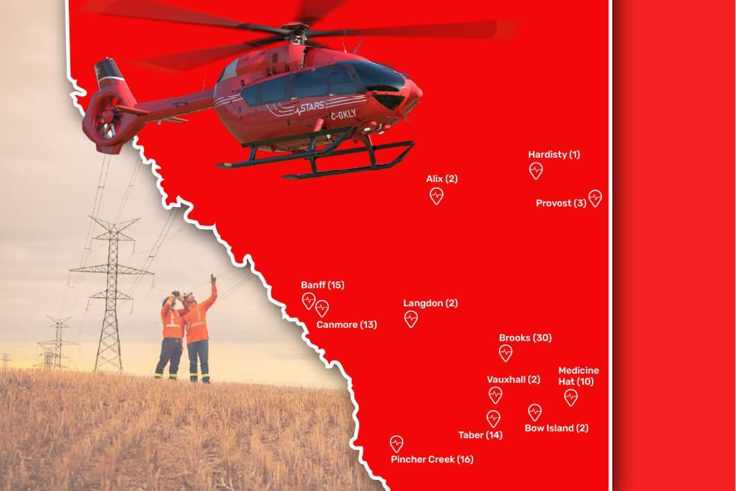 A created image showing a CGI STARS H145 air ambulance helicopter hovering over an illustrated background showing the communities important to STARS ally Altalink, with the number of missions flown to each community in the fiscal year 2024-25. In the background, two Altalink filed staff inspect power lines in a harvested wheat field, looking up at the powerlines (and the hovering STARS helicopter).
