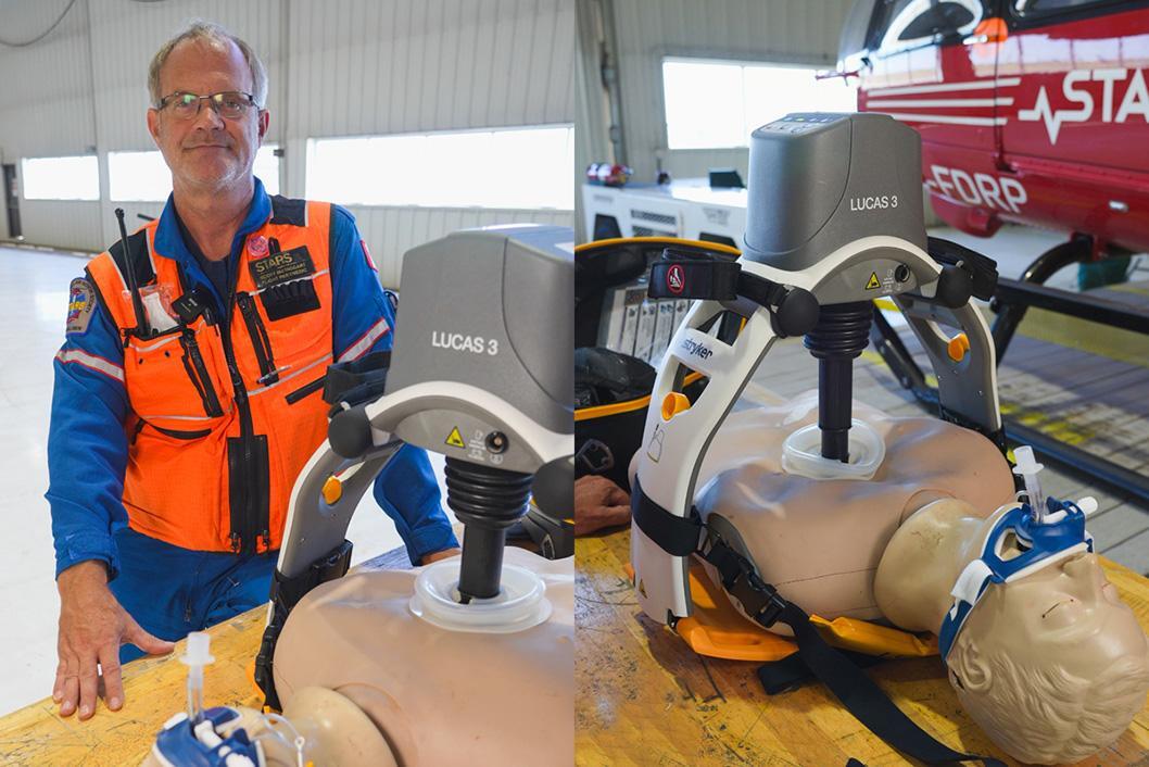 A composite image showing STARS flight paramedic Scott McTaggart posing with a LUCAS 3 auto CPR device. To the right, a STARS mannequin lays on a stretcher as the LUCAS 3 is demonstrated.