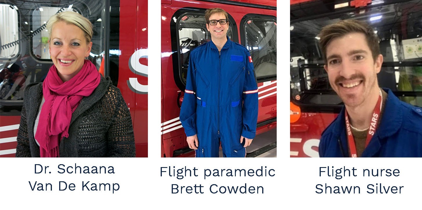 Portraits of STARS medical crew Dr. Schanna Van De Kamp, Flight Paramedic Brett Cowden and Flight Nurse Shawn Silver